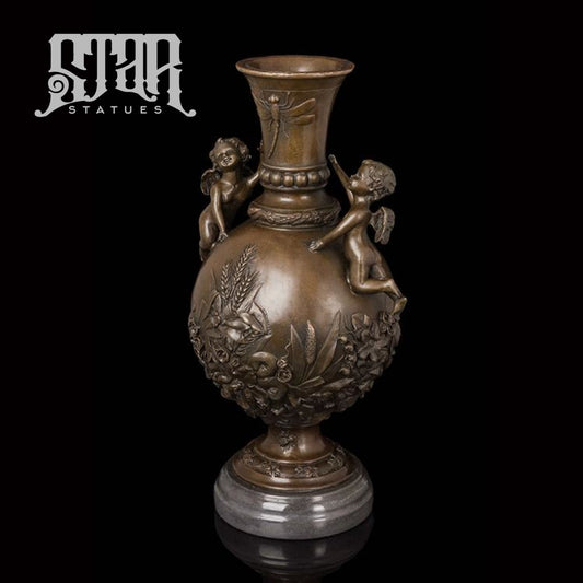 Antique Vase With Angels | Western Art Sculpture Bronze Statue